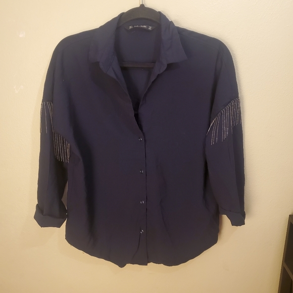 Zara Basic Navy Blue Fringe Metallic 3/4 Sleeve Snap Button Collar Neck … - Picture 5 of 7
